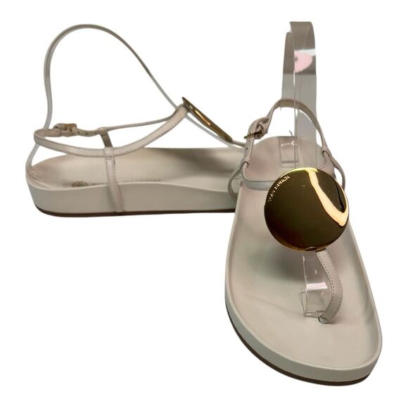 Tory Burch Womens Beige Leather Thong Sandals With Gold Medallion Size 8M